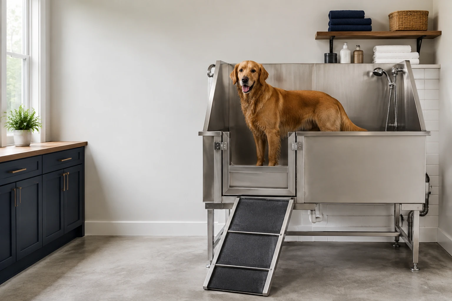 Large stainless dog washing station with a calm dog and non-slip entry ramp